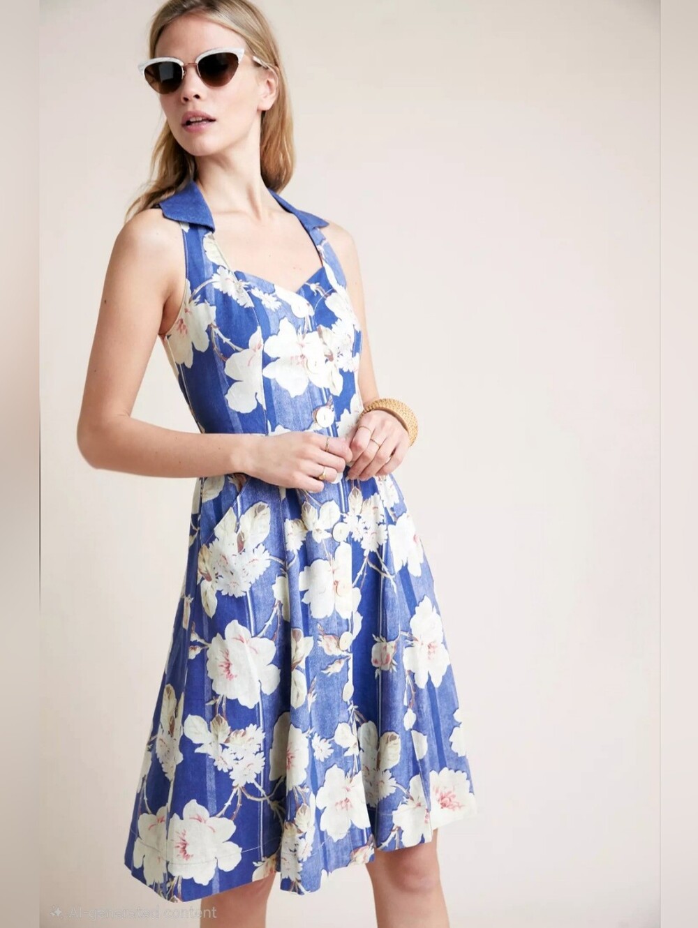 Anthropologie Camellia Collared Midi Dress Womens 2 Blue Cream Floral Retro 90s - Picture 3 of 12